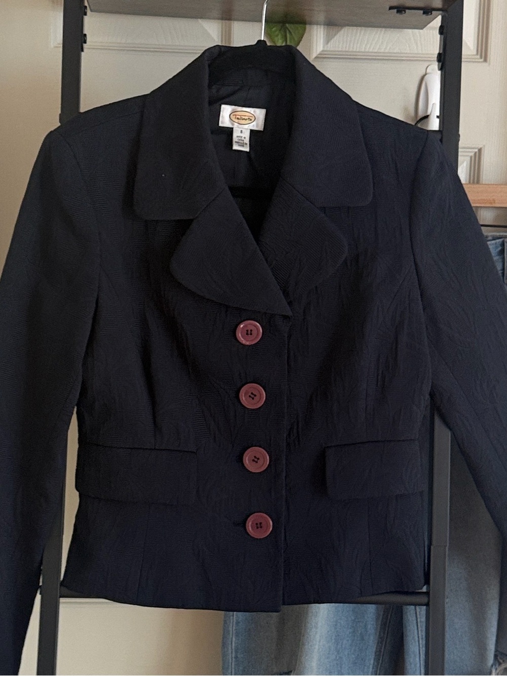 Talbots Navy Blue Cropped Structured Blazer with Burgundy Buttons - Picture 8 of 16